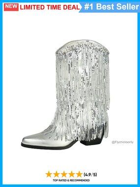 PU Leather Pointed Toe Western Booties Tassel Sequin Ankle Boots